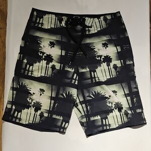 Oakley Black and Olive Palm-Print Swim Board Shorts
